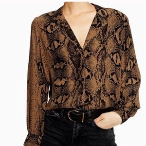 Topshop Snake Print Button-Up Shirt Blouse Brown and Black Size 4
